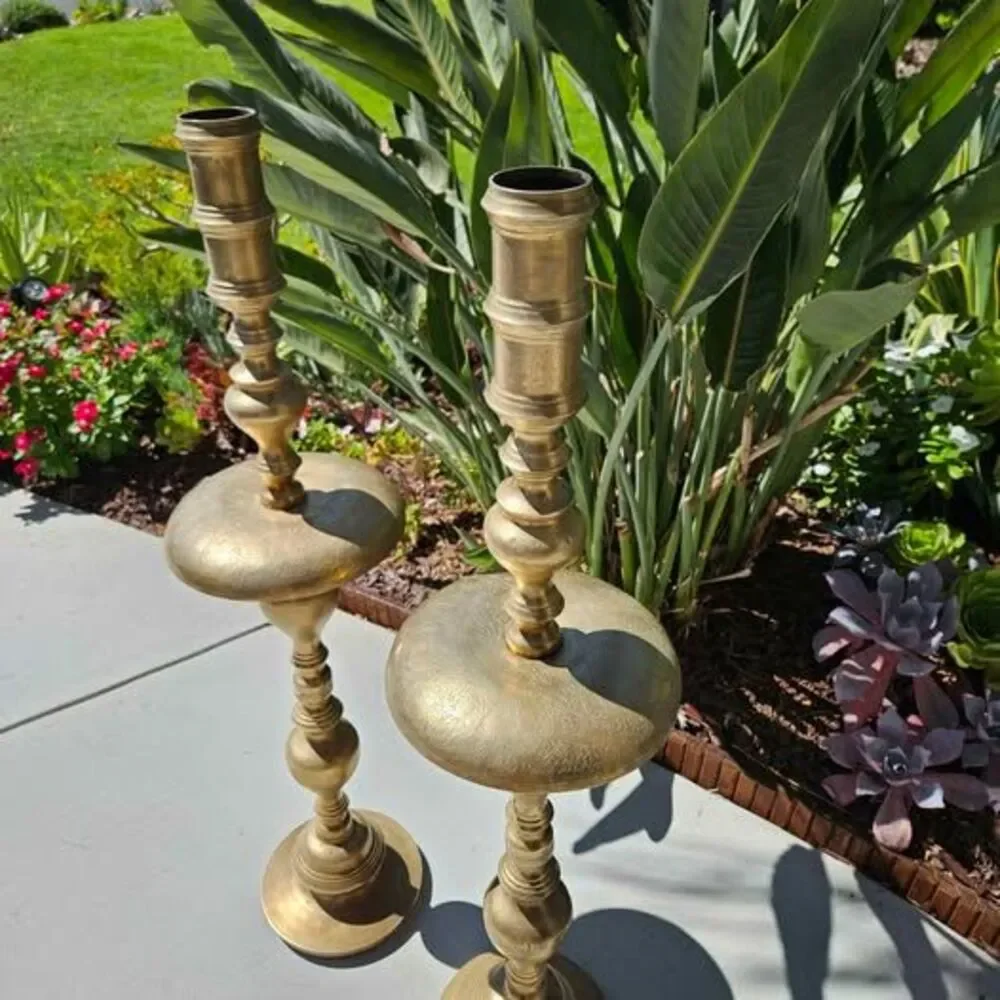 Vintage Pair of XLarge Etched Brass Floor Candle Holders